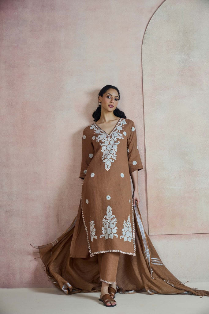 Tobacco Brown Linen Kurta Set with Thread Embroidery and Appliqué