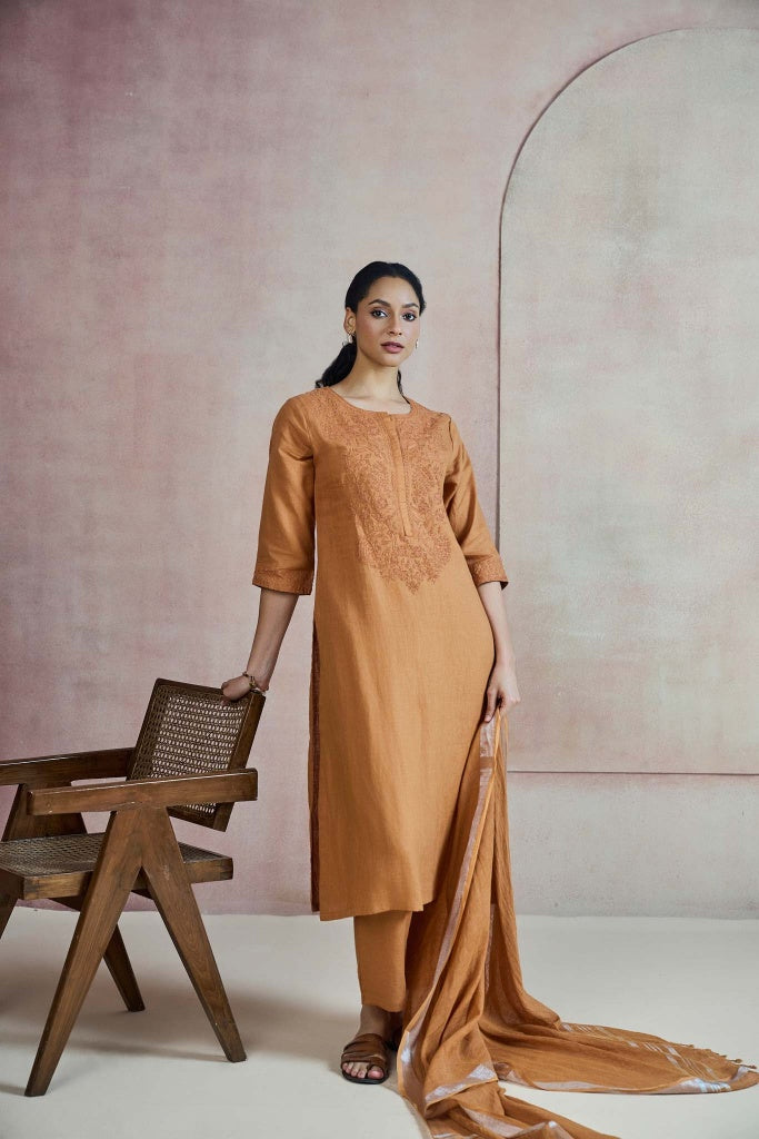 Burnt Ochre Linen Kurta Set with Self Thread Embroidery