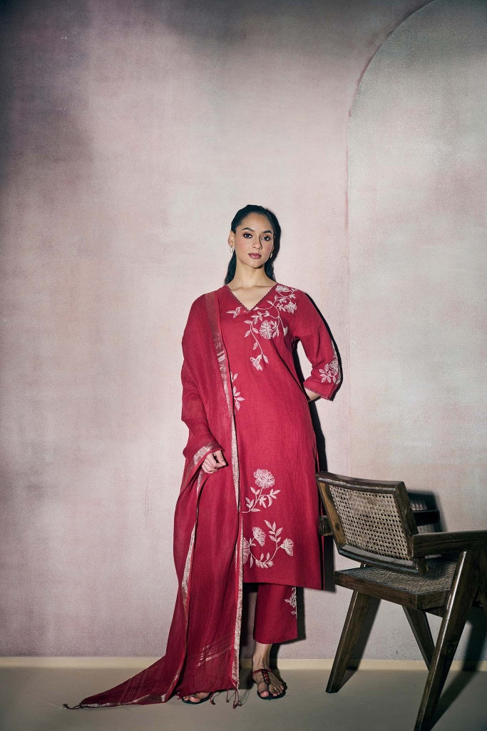 Cherry Red Linen Kurta Set with Ivory Thread Embroidery