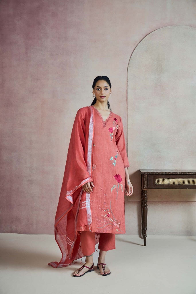 Coral Rust Linen Kurta Set with Multicolour Thread Embroidery