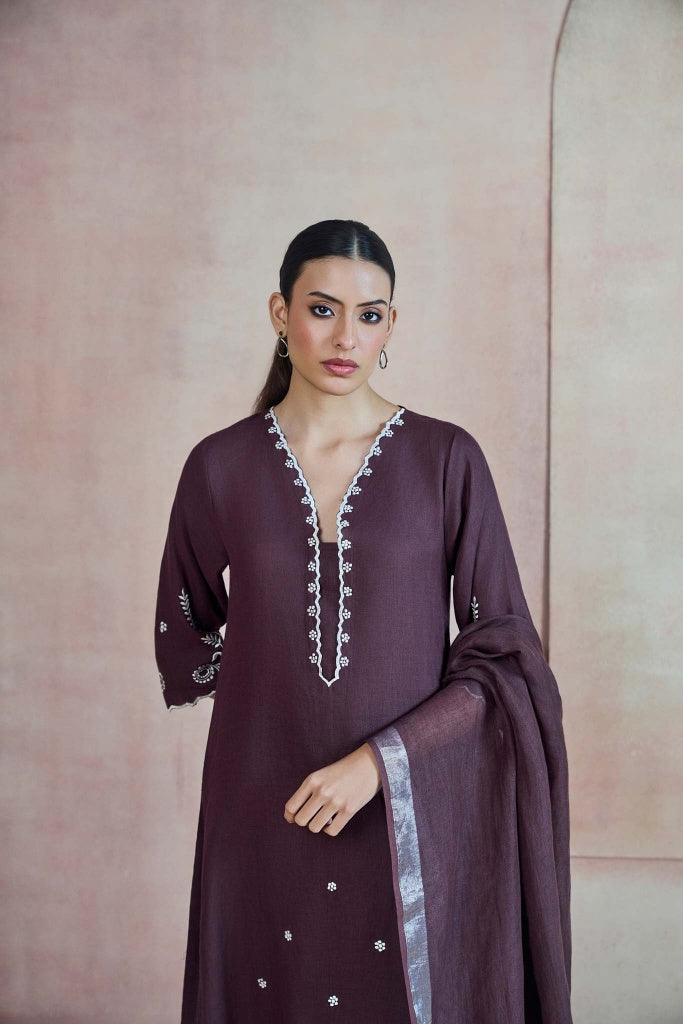 Deep Mulberry Linen Kurta Set with Ivory Thread Embroidery
