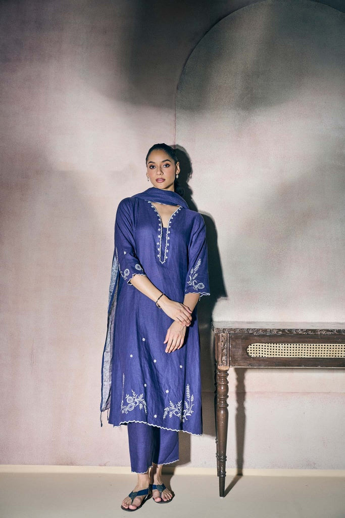 Indigo Blue Linen Kurta Set with Ivory Thread Embroidery