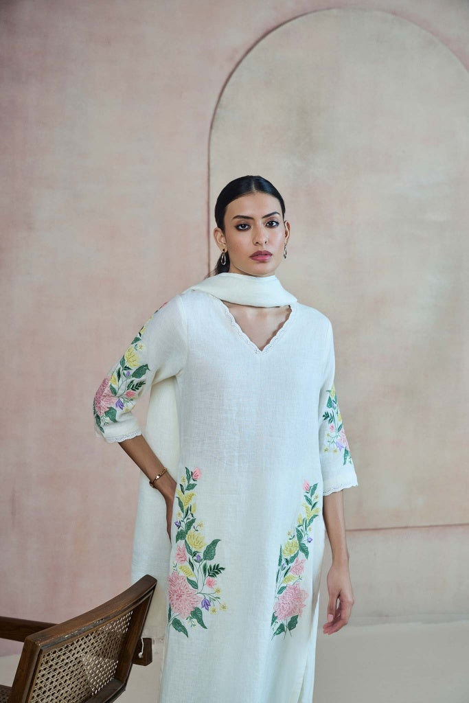Ivory Linen Kurta Set with Floral Print and Thread Embroidery