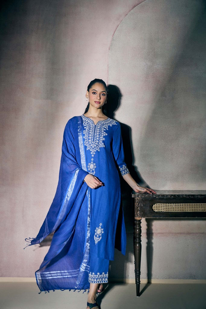 Royal Blue Linen Kurta Set with Ivory Thread Embroidery