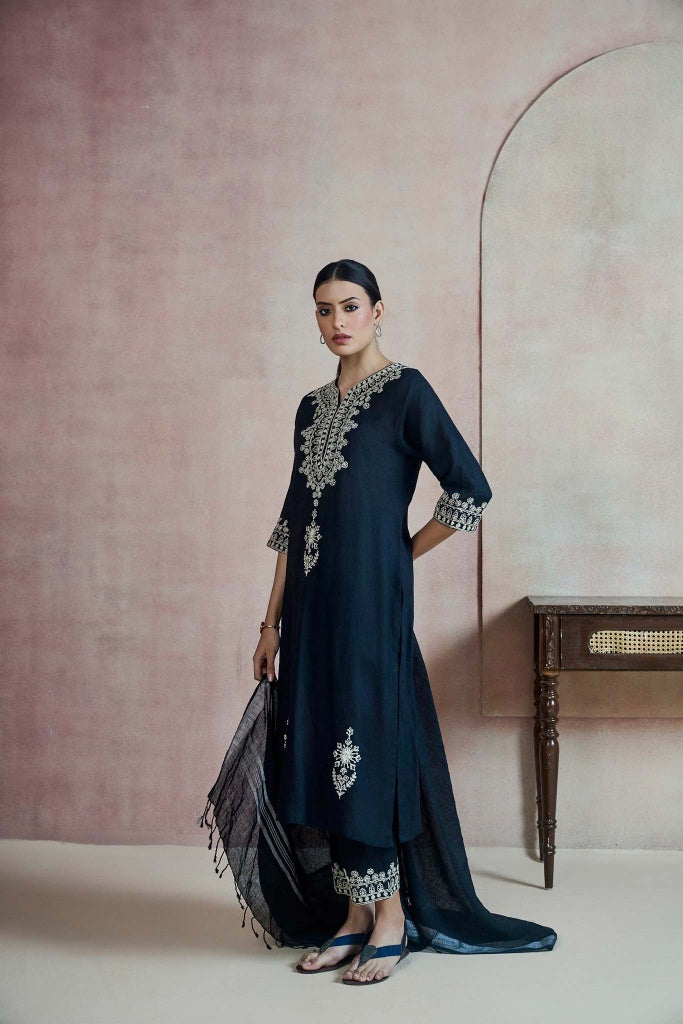 Midnight Navy Linen Kurta Set with Ivory Thread Embroidery