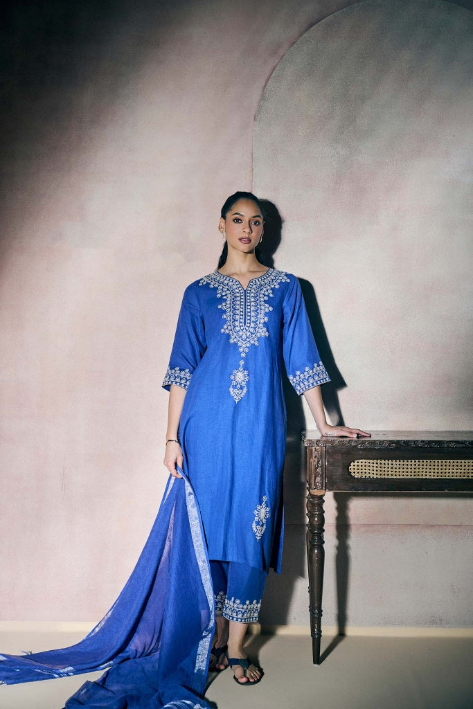 Royal Blue Linen Kurta Set with Ivory Thread Embroidery