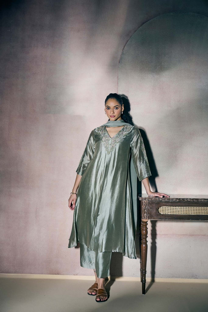 Sage Silver Silk Kurta Set with Floral Embroidery