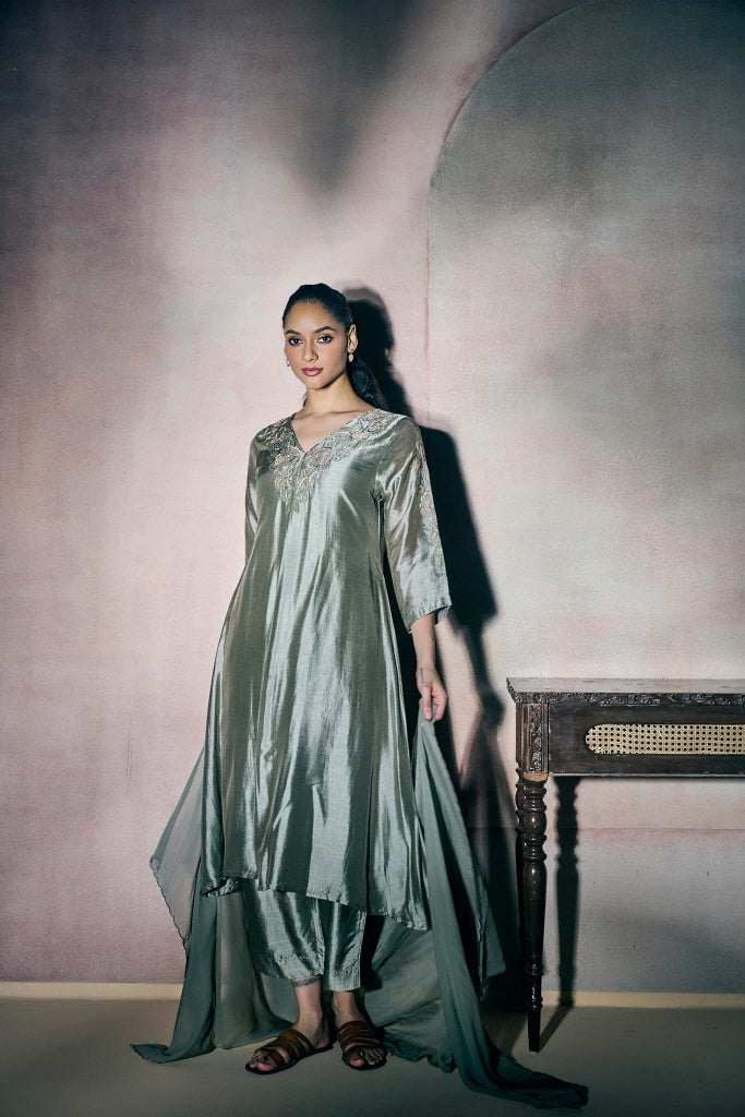 Sage Silver Silk Kurta Set with Floral Embroidery