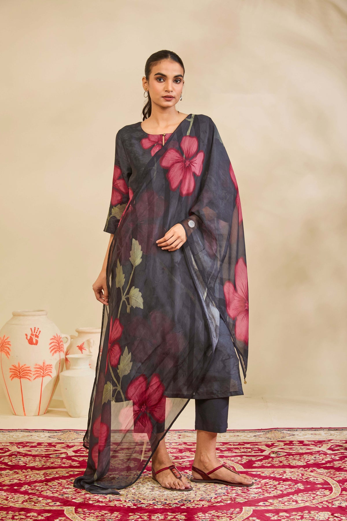 Charcoal Grey Muslin Kurta Set with Rose Floral Print