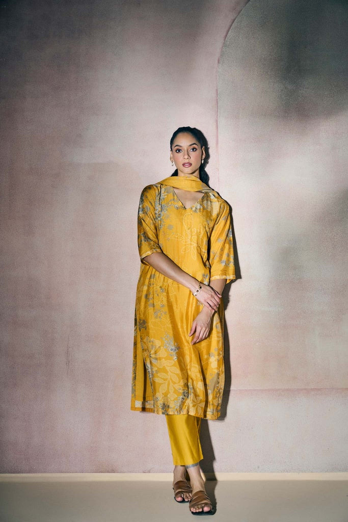 Marigold Yellow Muslin Kurta Set with Silver Floral Print