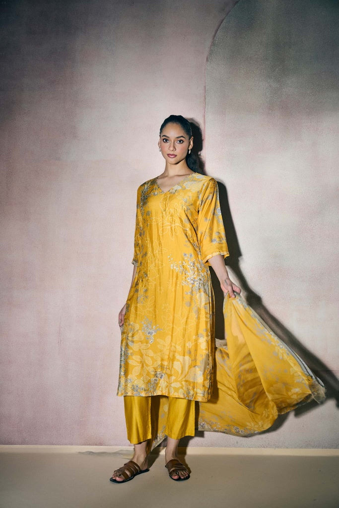 Marigold Yellow Muslin Kurta Set with Silver Floral Print