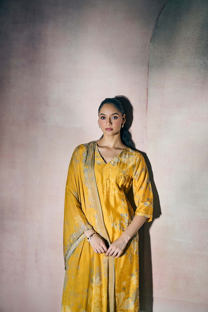Marigold Yellow Muslin Kurta Set with Silver Floral Print