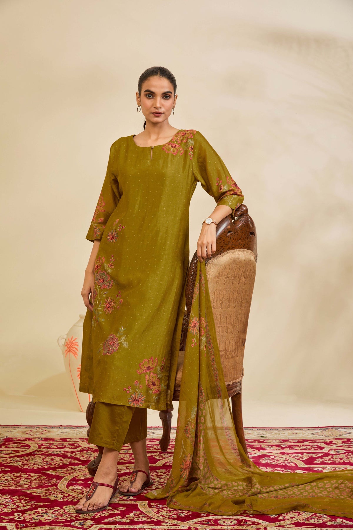 Olive Green Muslin Kurta Set with Floral Print and Embroidery