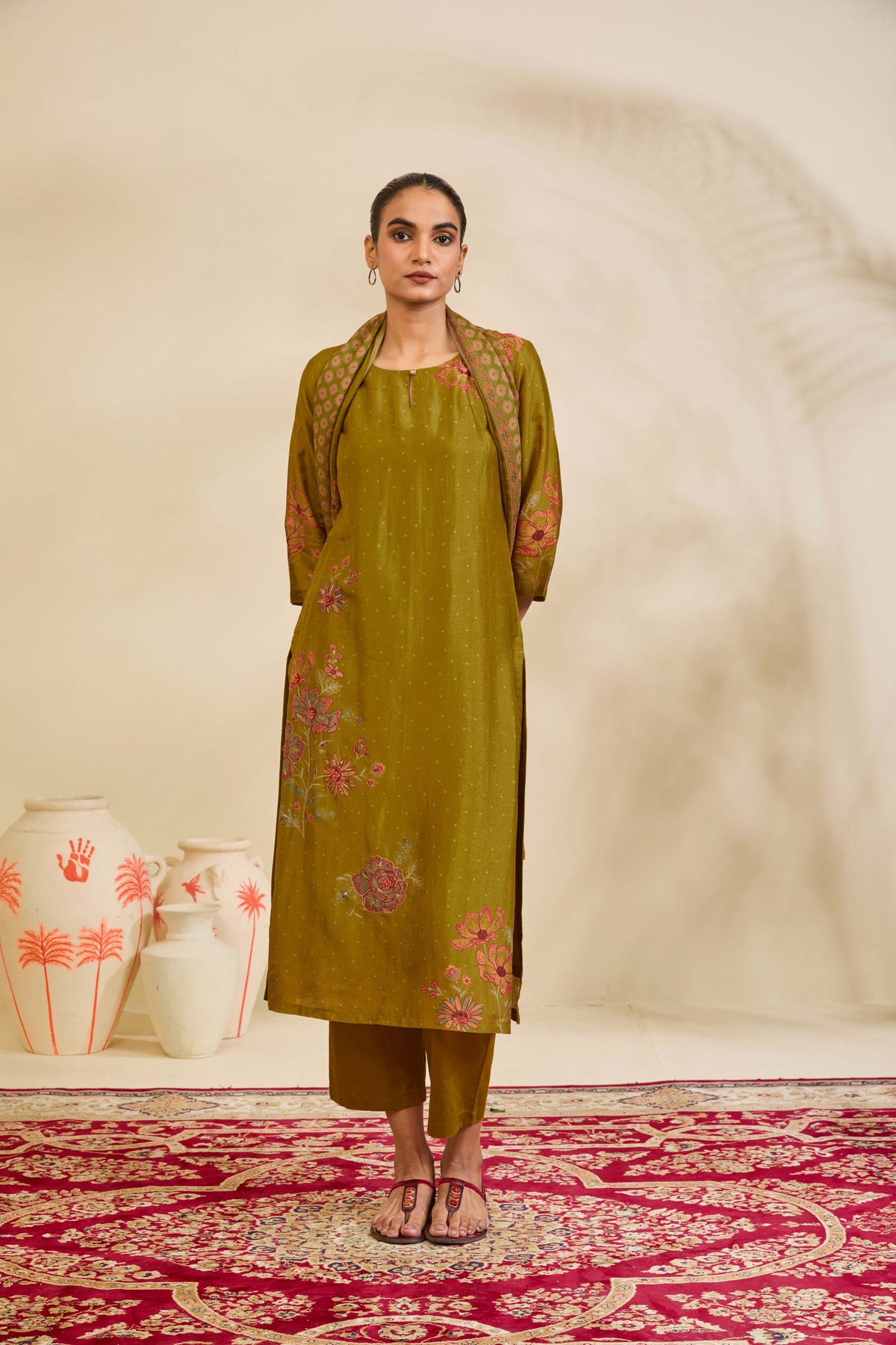 Olive Green Muslin Kurta Set with Floral Print and Embroidery