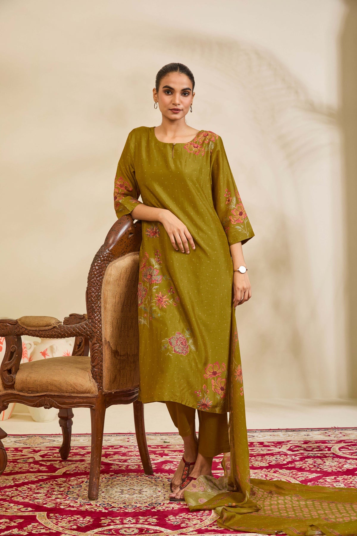 Olive Green Muslin Kurta Set with Floral Print and Embroidery