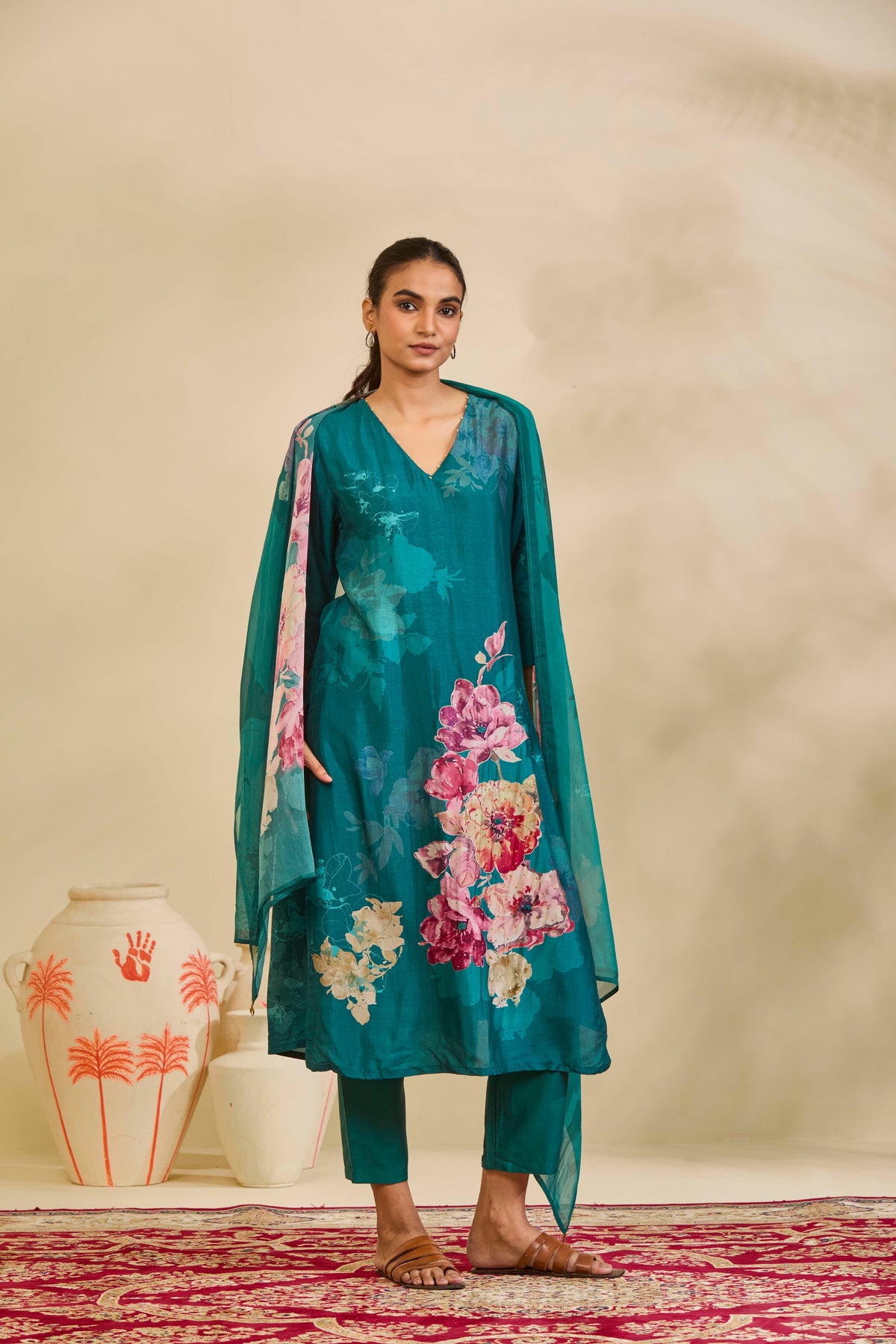 Teal Muslin Kurta Set with Watercolor Floral Print