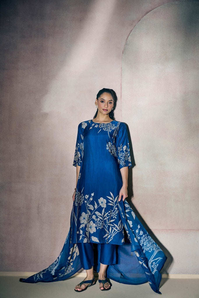 Cobalt Blue Muslin Kurta Set with Ivory Floral Print