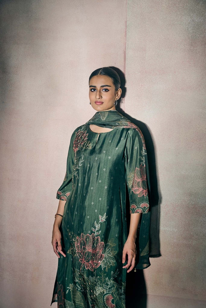 Forest Green Printed Kurta Set with Botanical Motif