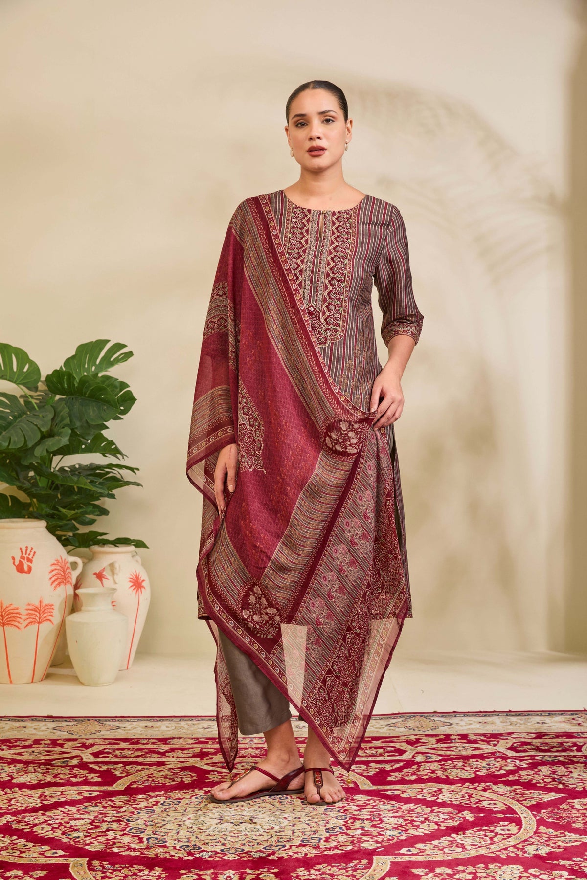 Olive Maroon Muslin Kurta Set with Striped Ethnic Print