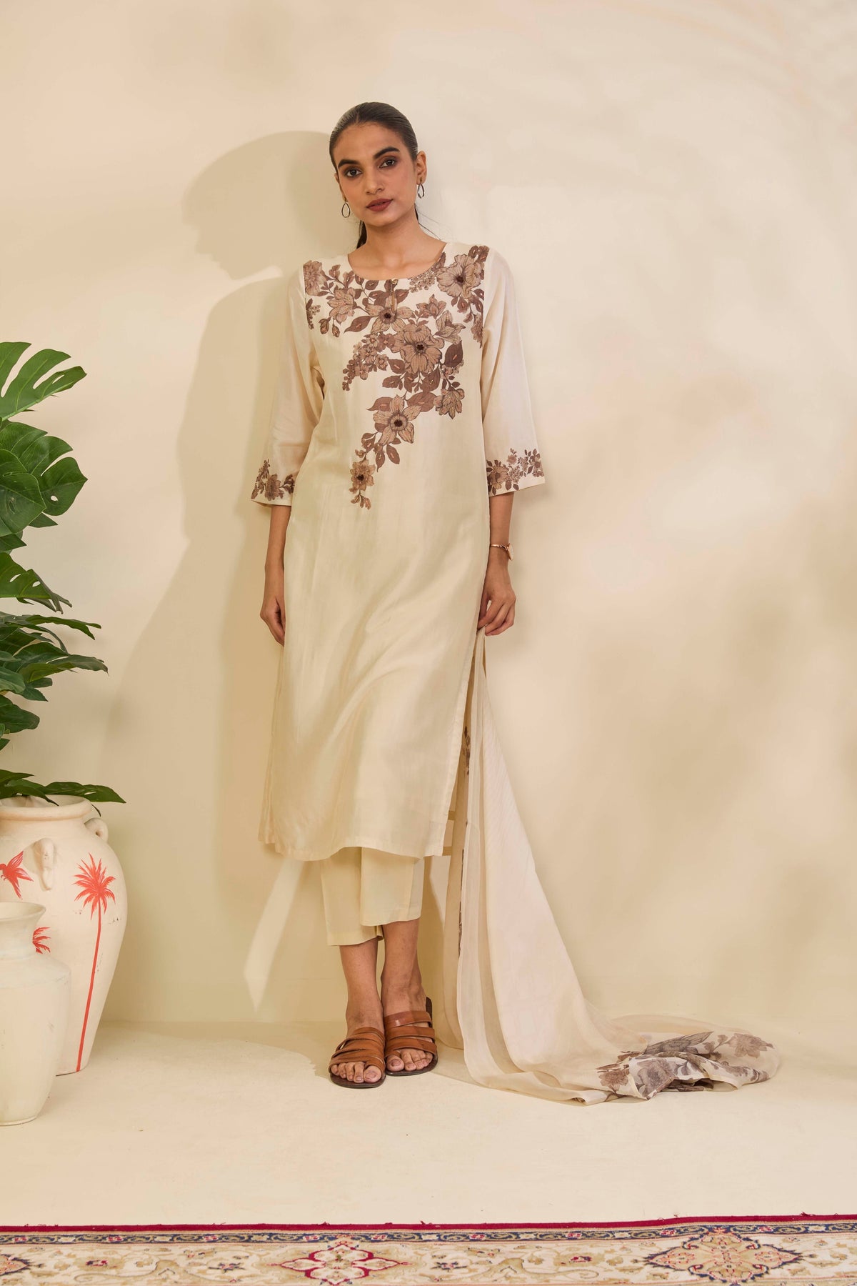 Ivory Muslin Kurta Set with Sepia Floral Print and Highlights
