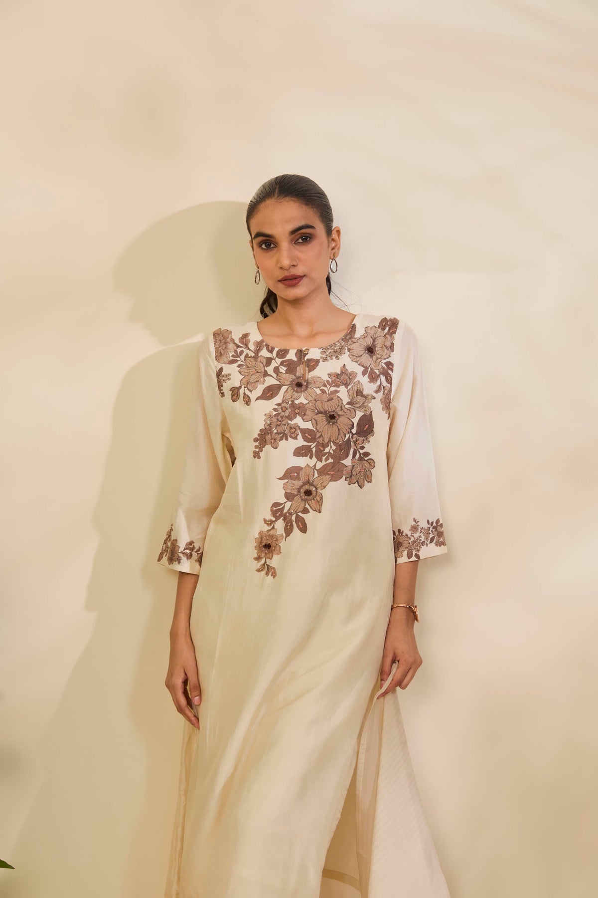 Ivory Muslin Kurta Set with Sepia Floral Print and Highlights