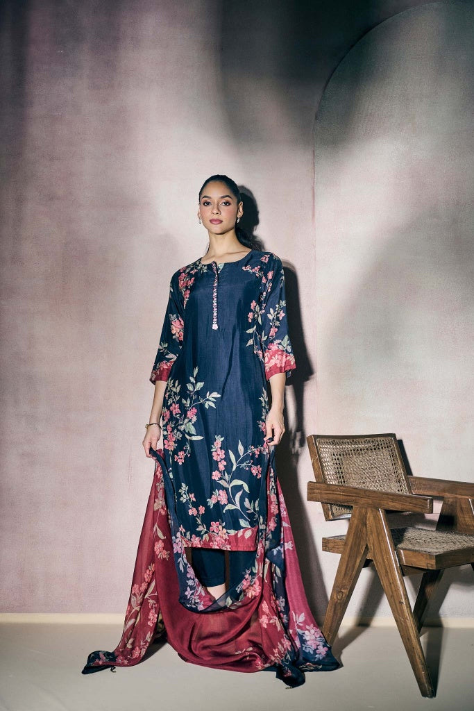 Navy Blue Muslin Kurta Set with Pink Floral Print and Highlights