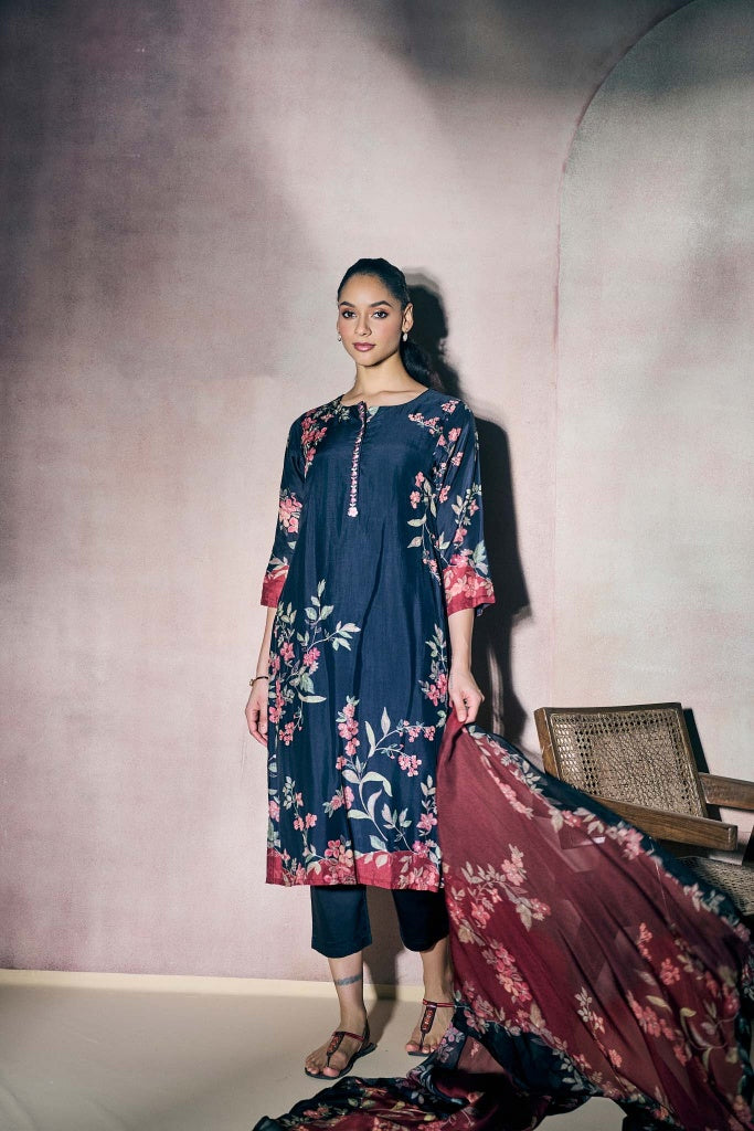 Navy Blue Muslin Kurta Set with Pink Floral Print and Highlights