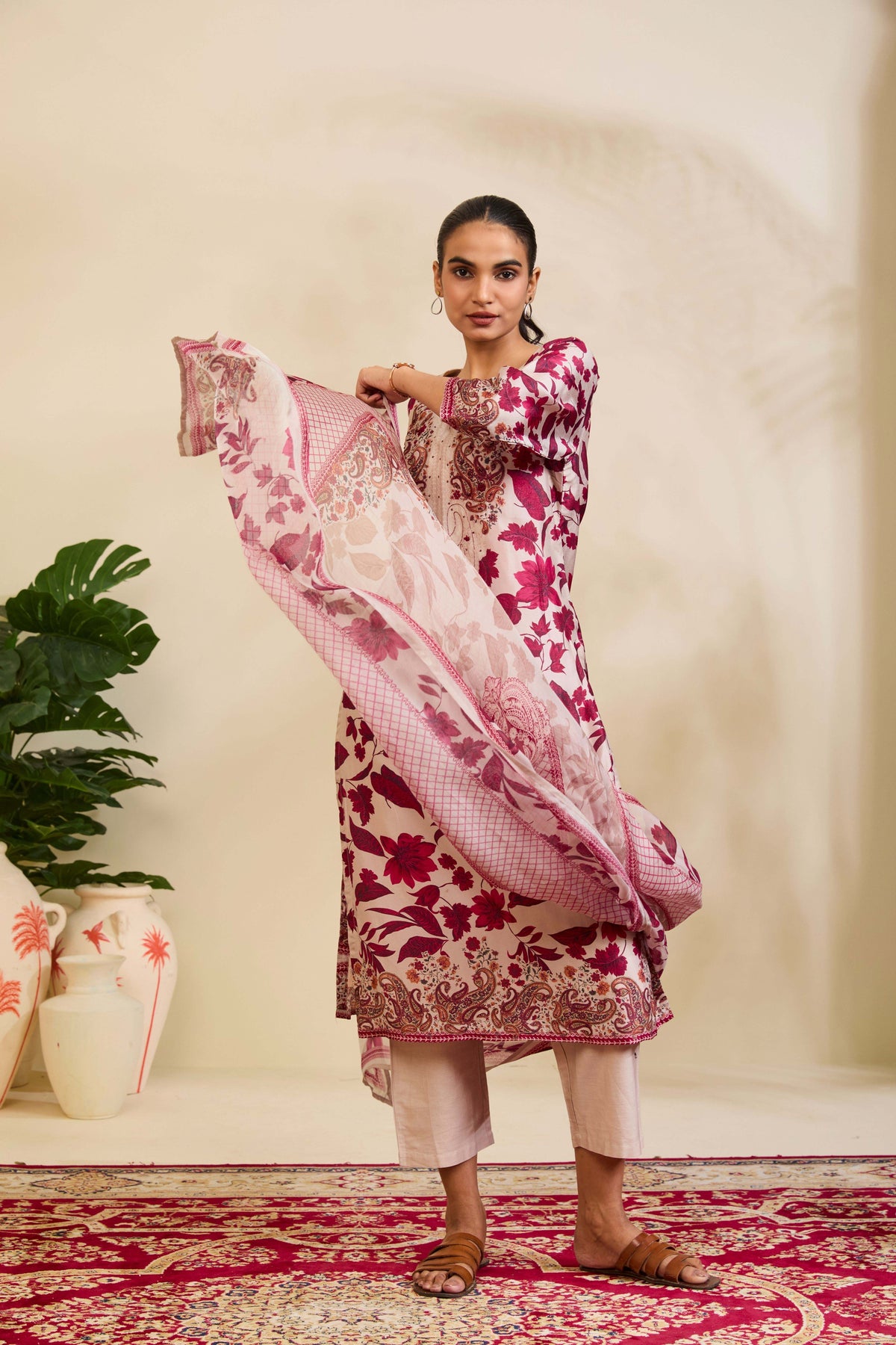 Blush Beige Muslin Kurta Set with Botanical Print and Embroidery