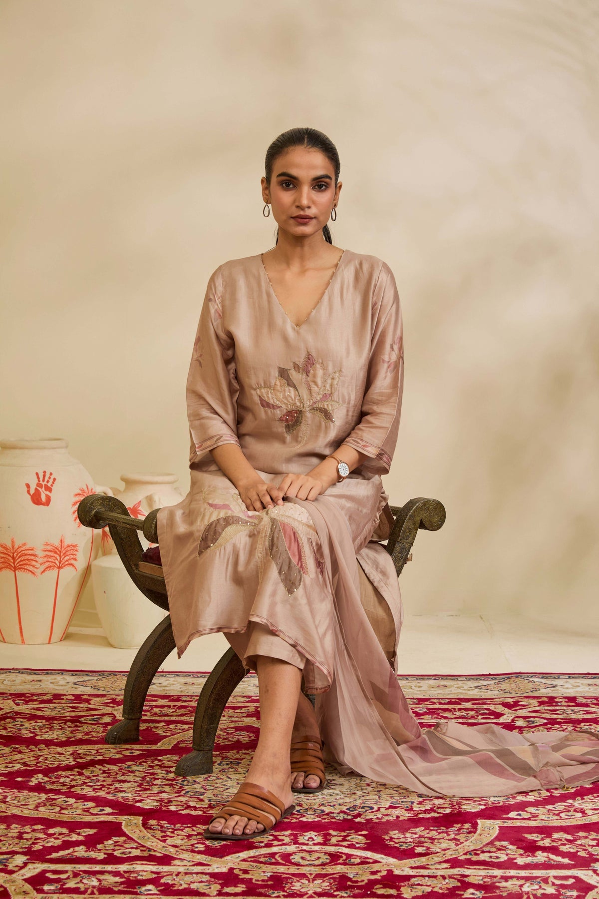Taupe Beige Muslin Kurta Set with Lotus Appliqué and Highlights