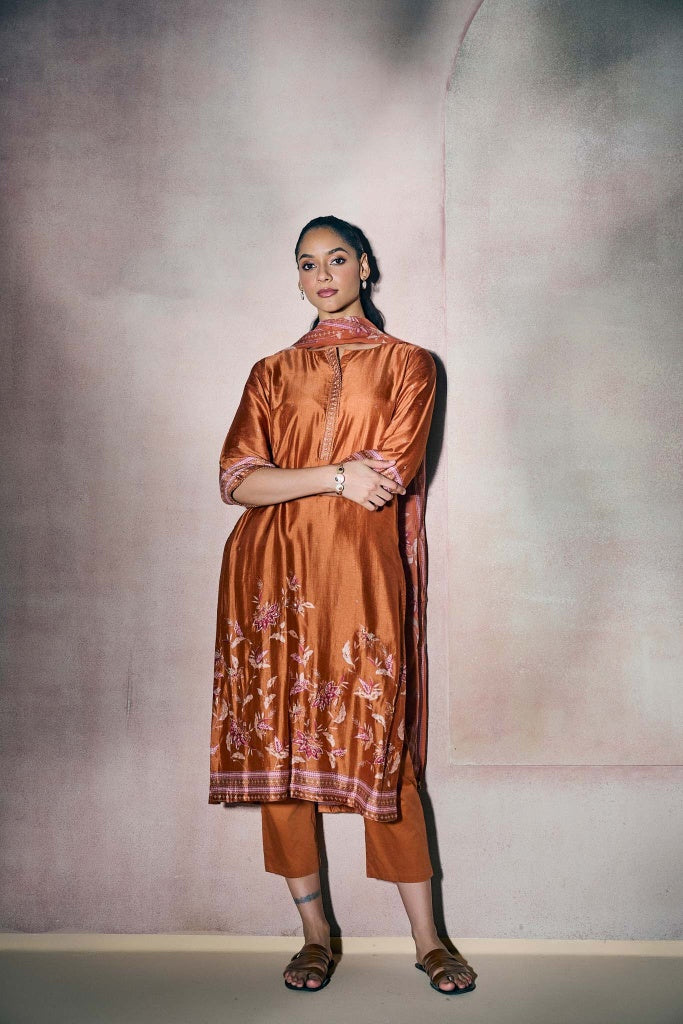 Rust Copper Silk Kurta Set with Floral Print and Highlights