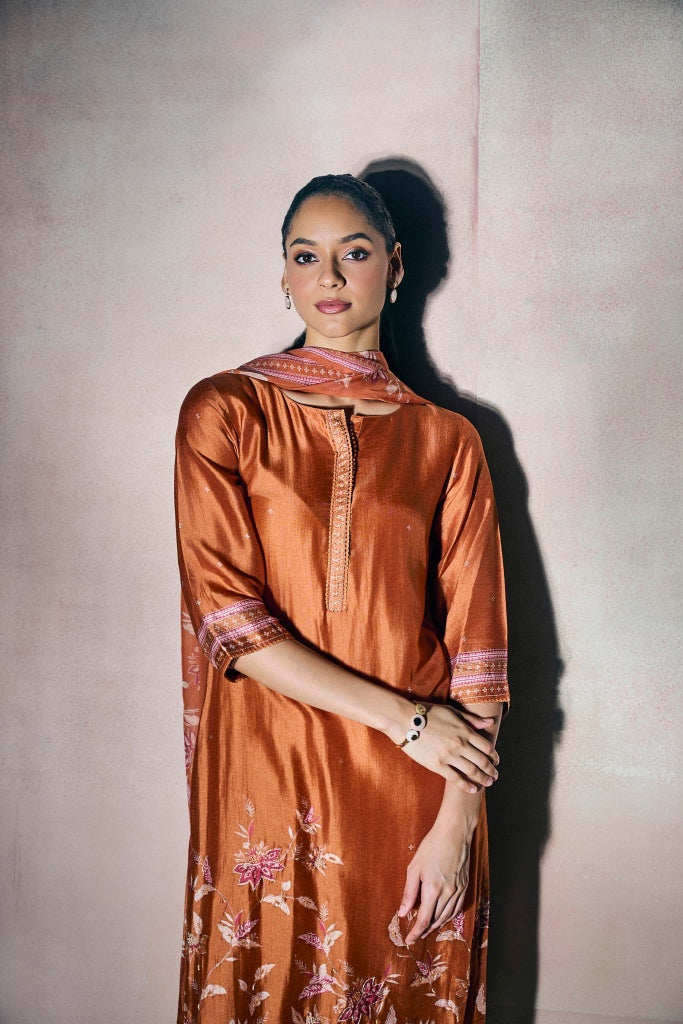 Rust Copper Silk Kurta Set with Floral Print and Highlights