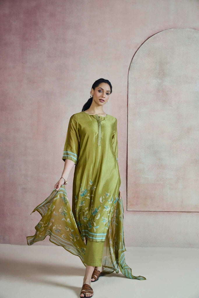 Olive Green Silk Kurta Set with Floral Print and Highlights