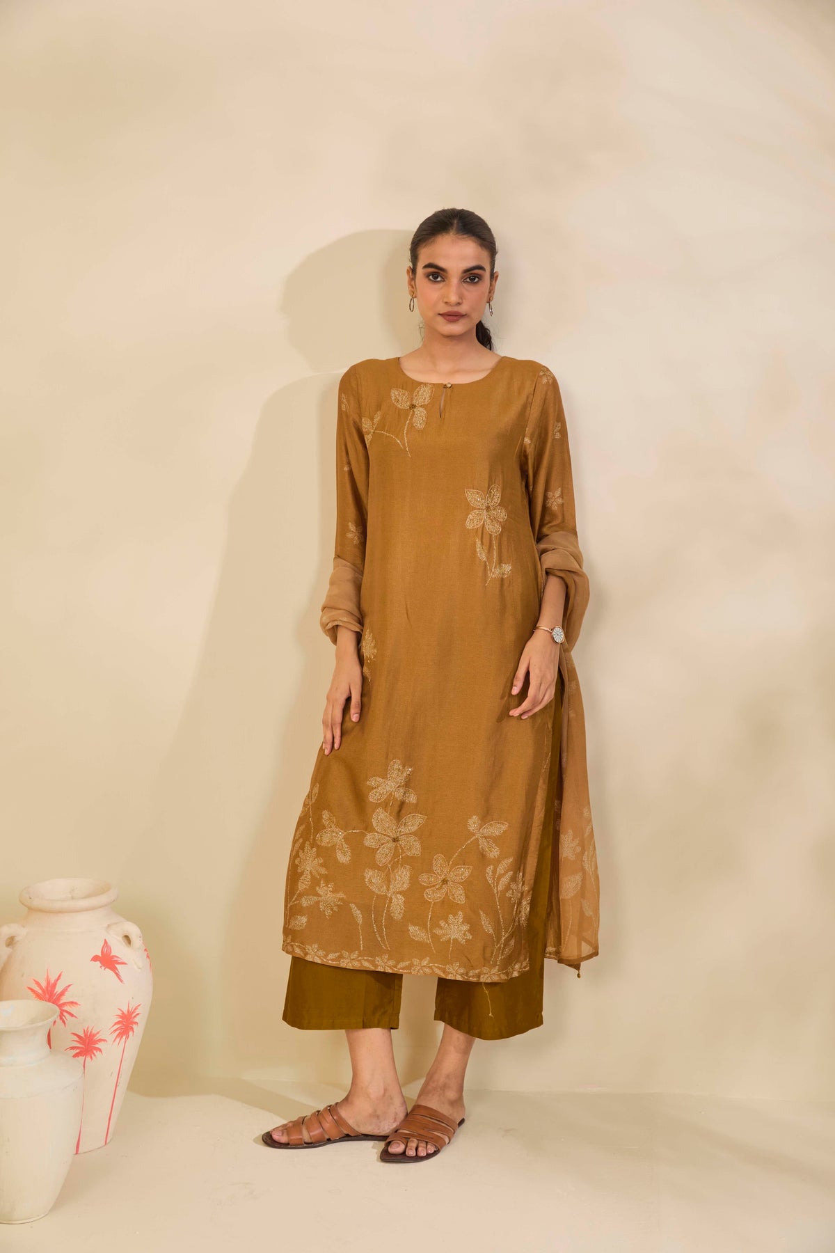 Golden Ochre Muslin Kurta Set with Floral Print and Highlights
