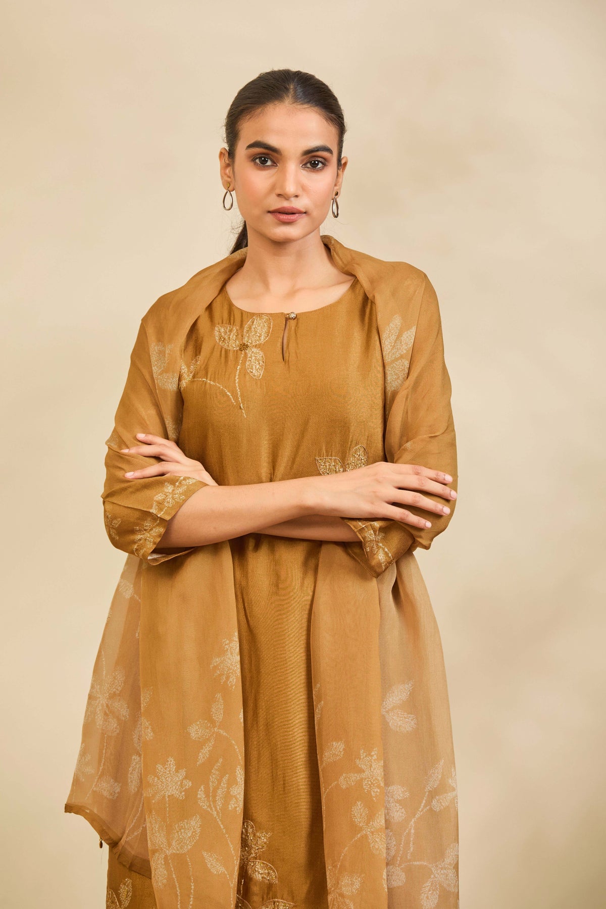 Golden Ochre Muslin Kurta Set with Floral Print and Highlights
