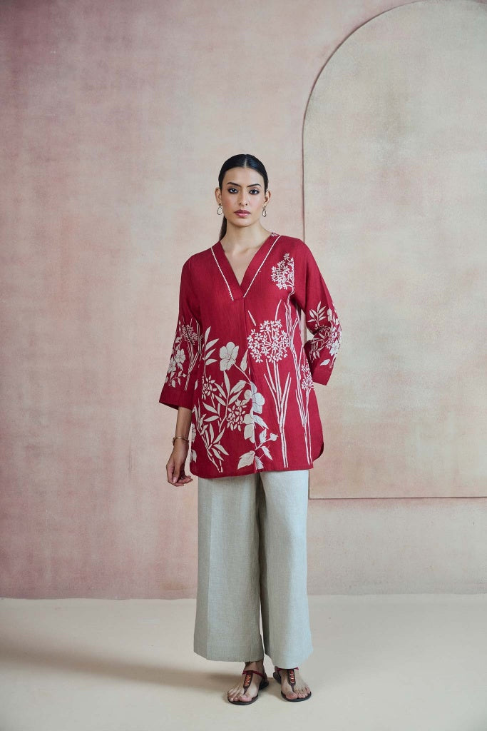 Crimson Linen Top with Botanical Print