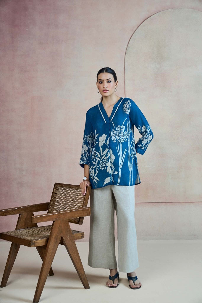 Teal Blue Linen Top with Botanical Print