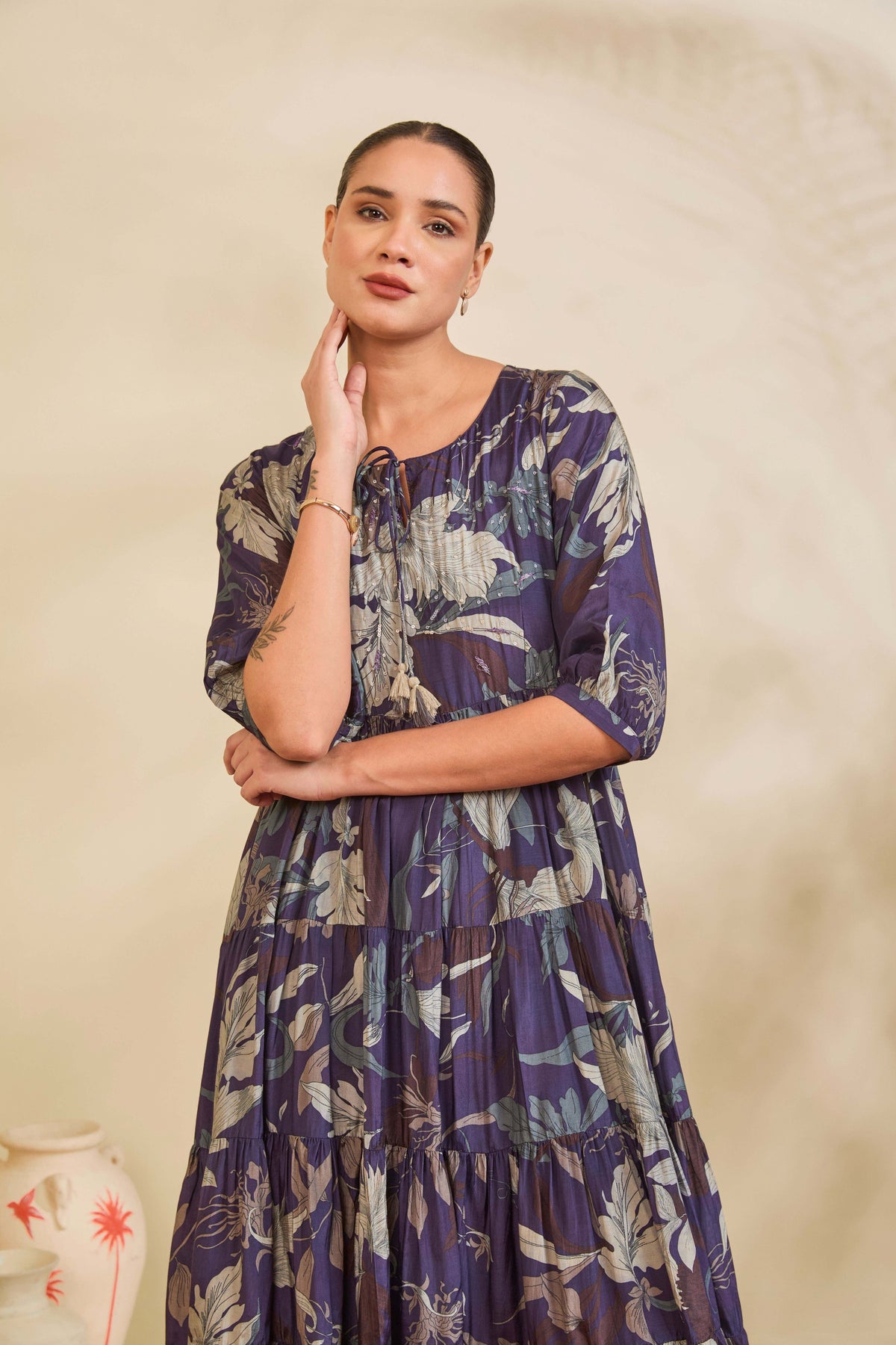 Deep Indigo Printed Muslin Tiered Dress with Tassel Tie-Up Neckline