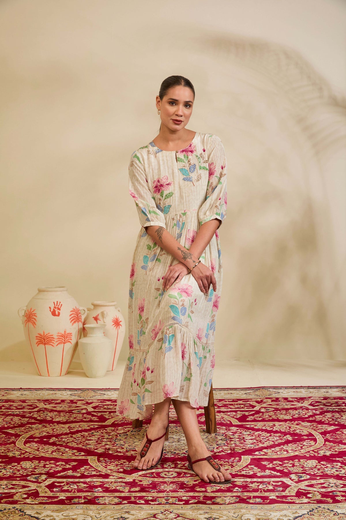 Ivory Floral Printed Muslin Tiered Dress with Keyhole Neckline and Lace Panel