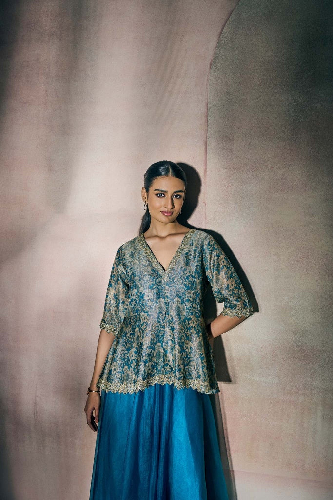 Teal Blue Banarasi Tissue Peplum Top with Organza Palazzo Set