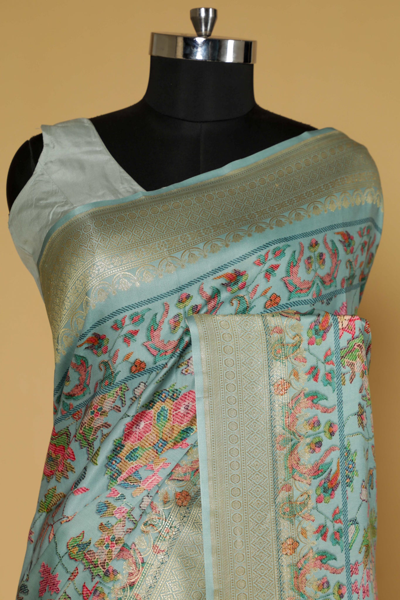 Turquoise Blue Banarasi Satin Silk Saree with All-Over Digital Print & Zari Border**