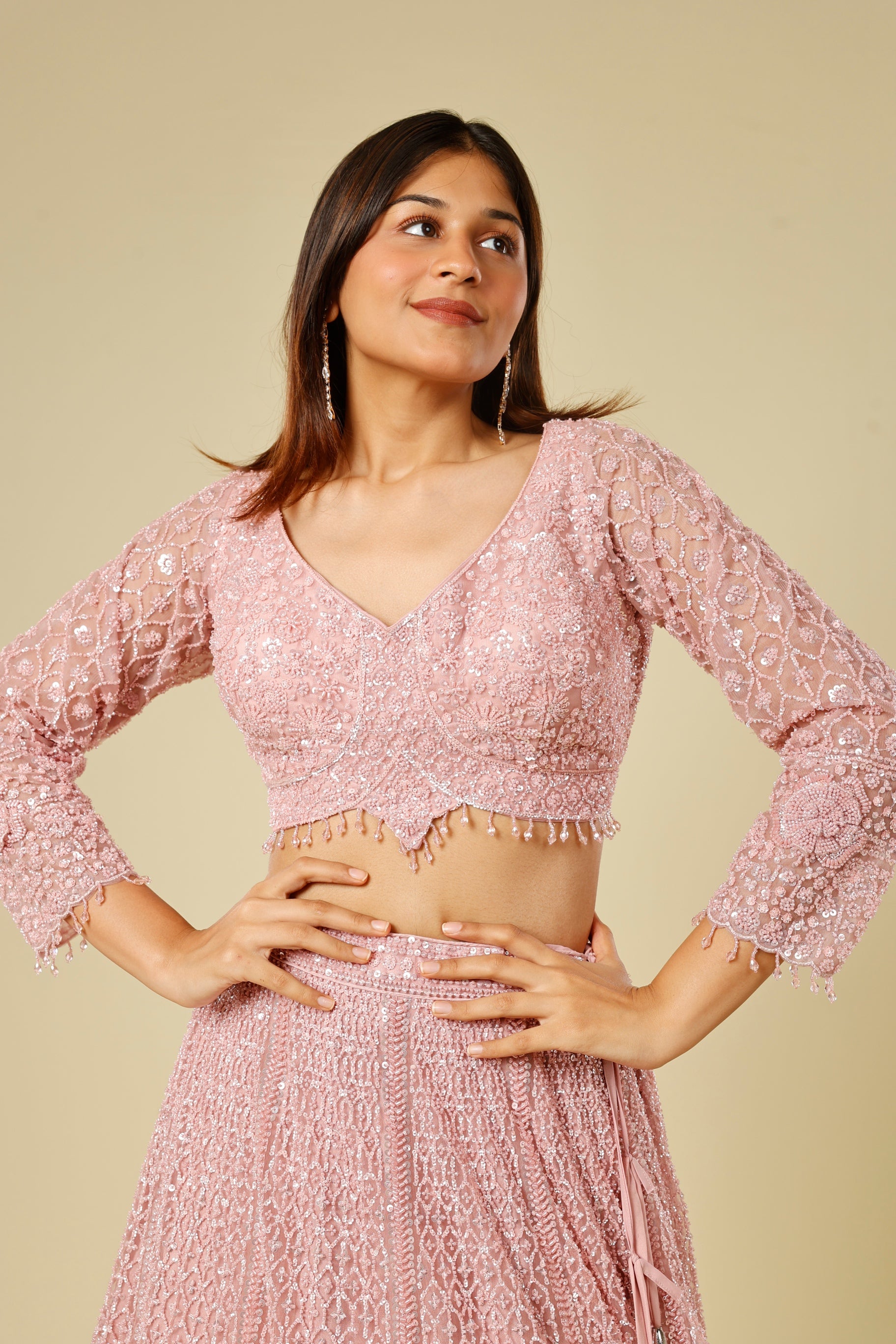 Blush Pink Net Lehenga Set with Pearl, Sequin & Cutdana Embroidery