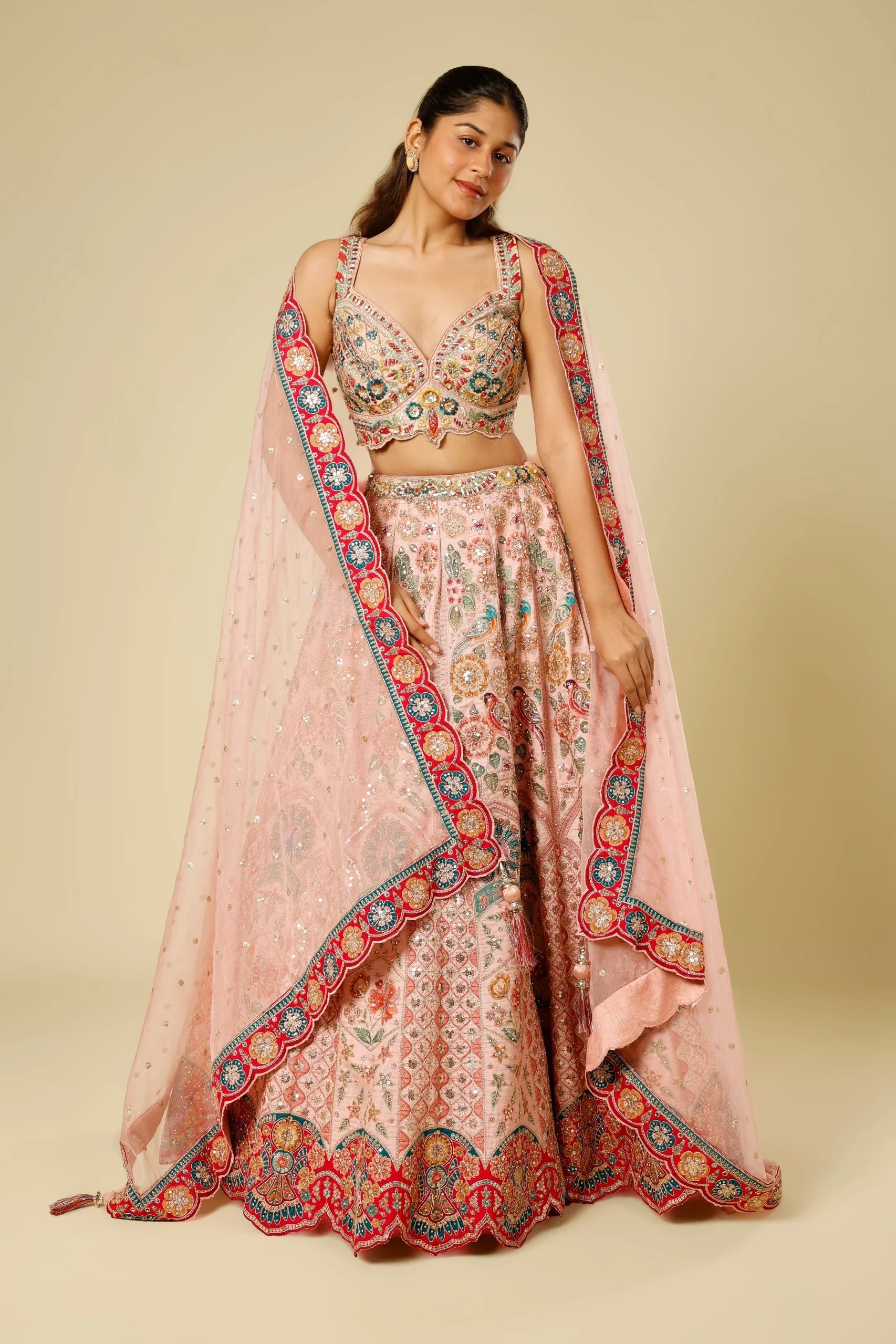 Blush Pink Silk Lehenga Set with Zari, Sequin & Stone Embroidery