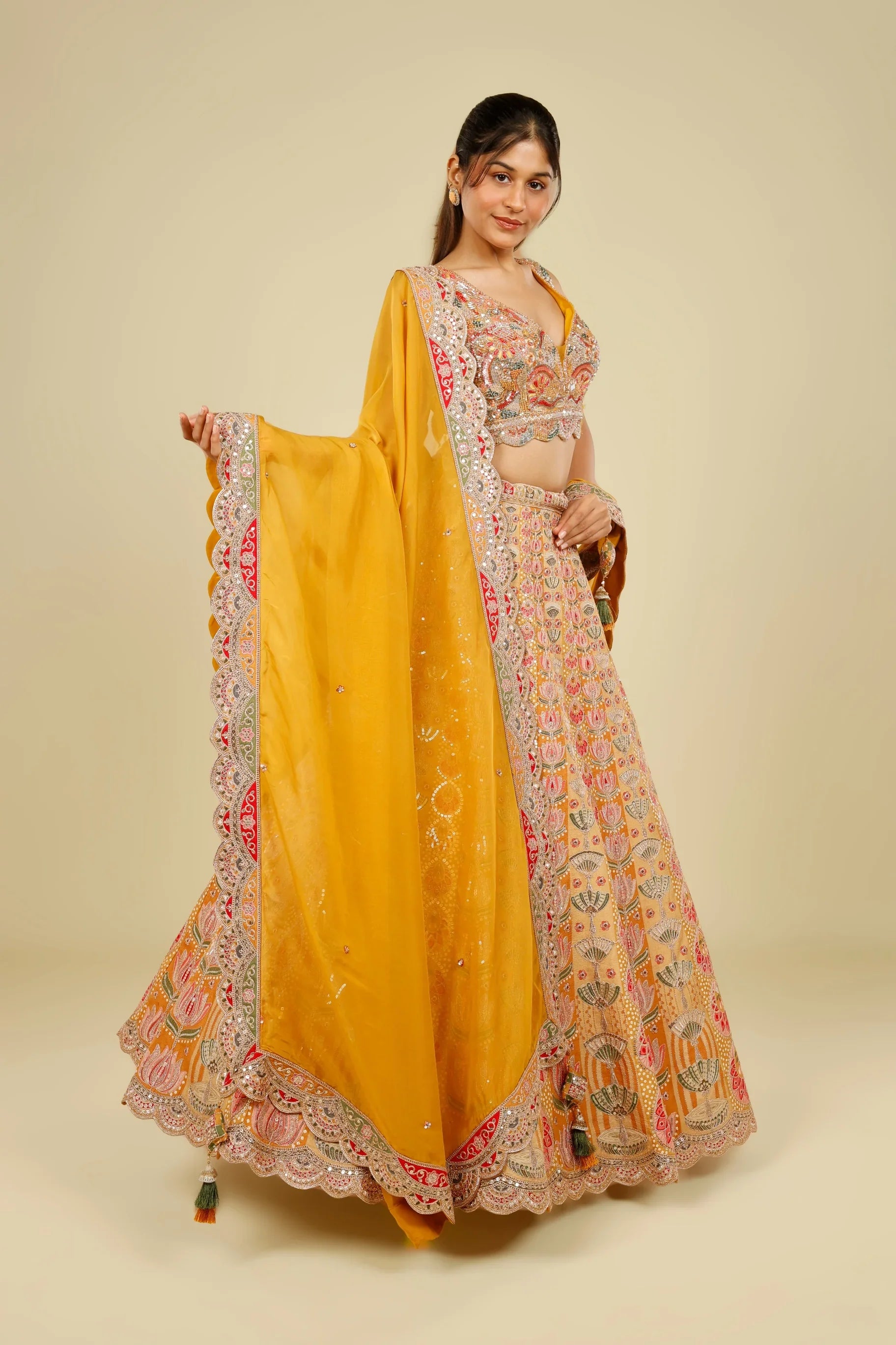 Yellow Printed Silk Lehenga Set with Zari & Sequin Embroidery