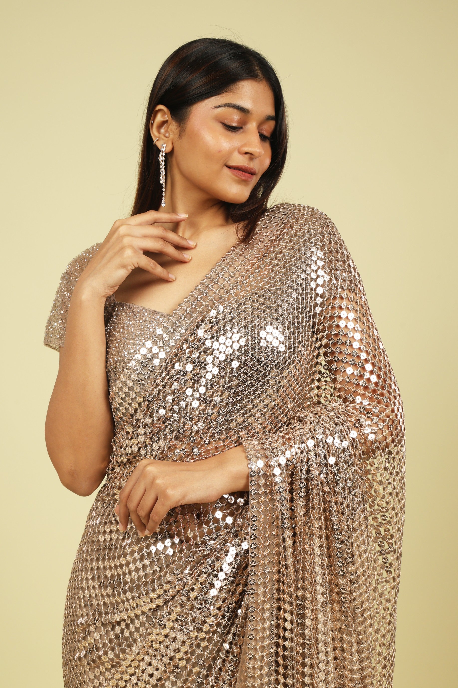 Gold Metallic Mesh Saree with Sequins & Beadwork - Mokshaa