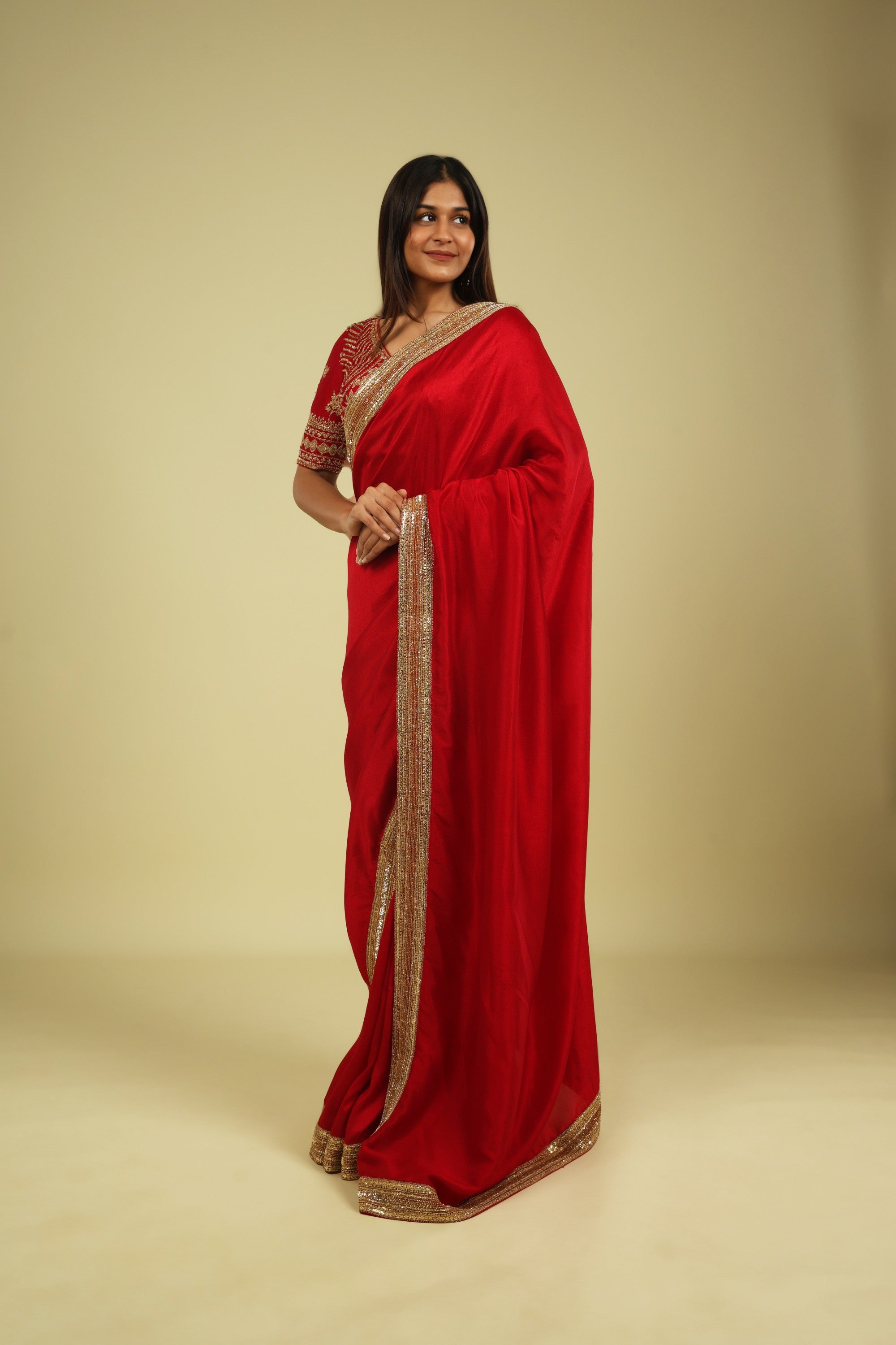 Red Tussar Georgette Saree with Bead & Sequin Border