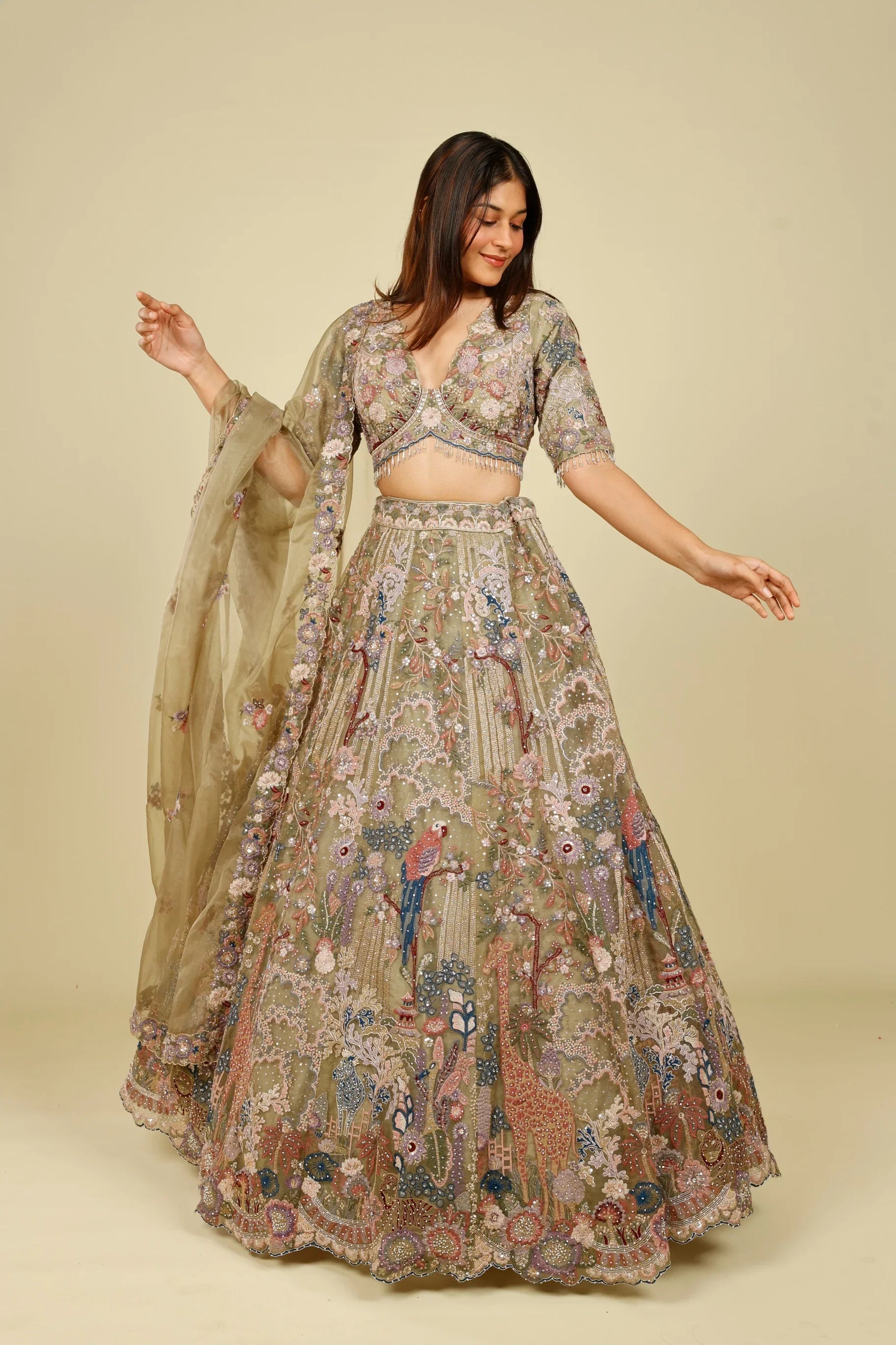 Olive Green Organza Embroidered Lehenga with Multicolour Zari, Sequins & Pearl Work | Mokshaa