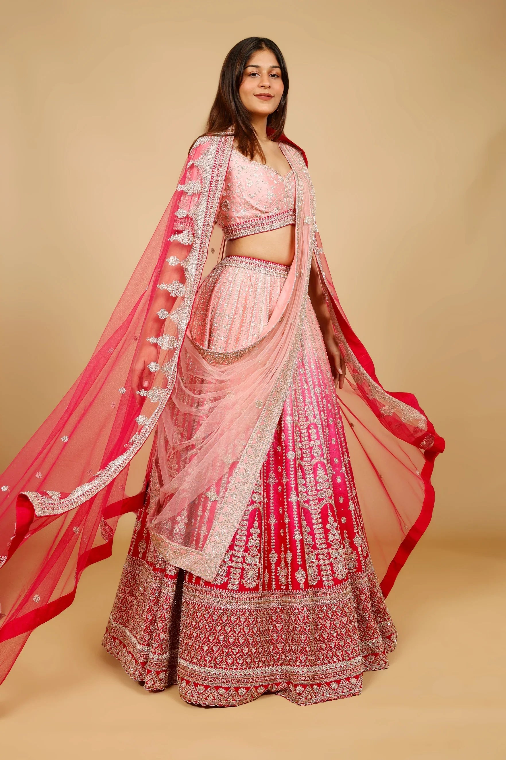 Pink Ombre Raw Silk Bridal Lehenga Set with Zari, Sequin & Zardozi Embroidery