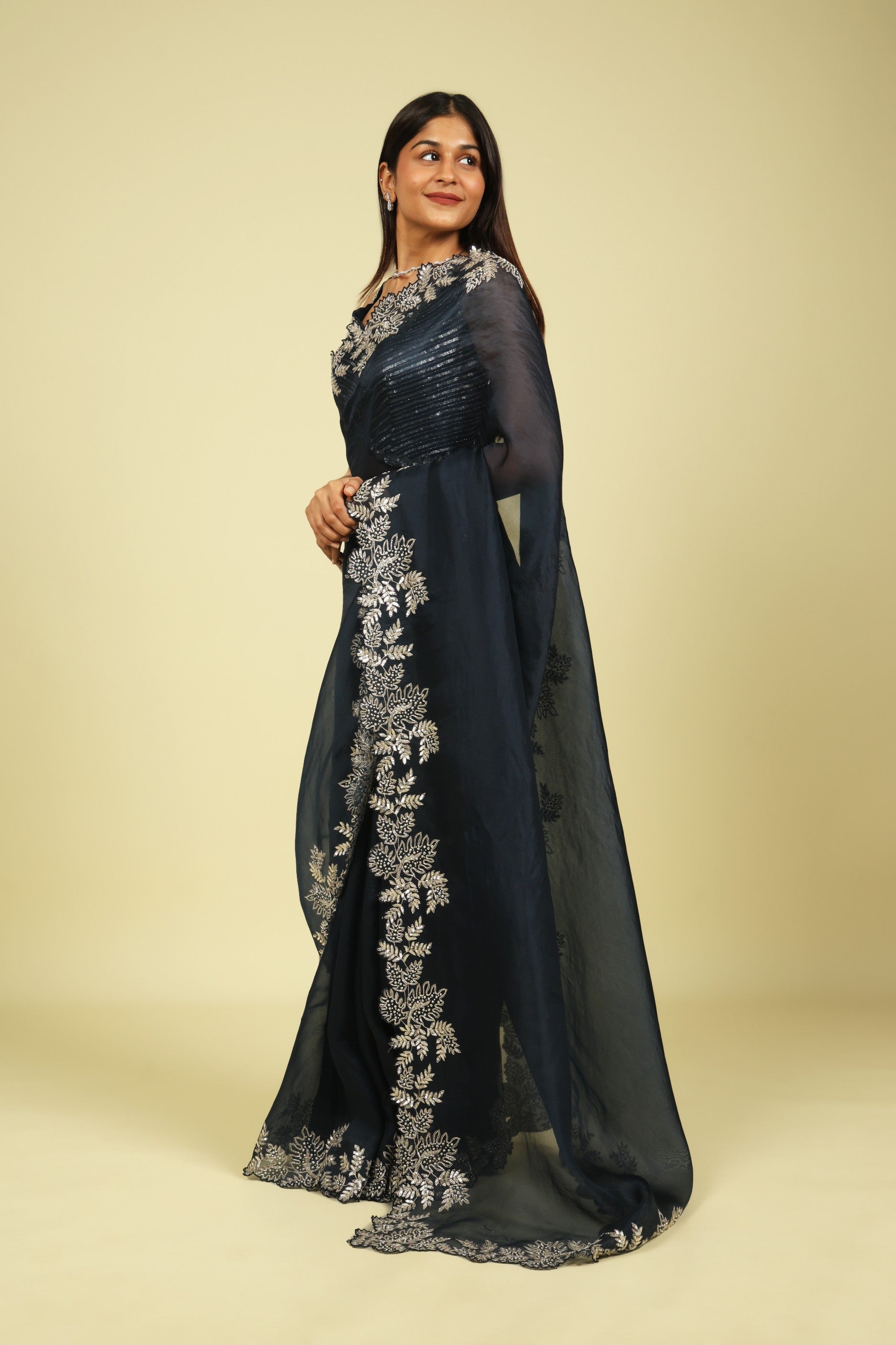 Navy Blue Organza Saree with Aari Beads, Sequins & Fancy Cut Border