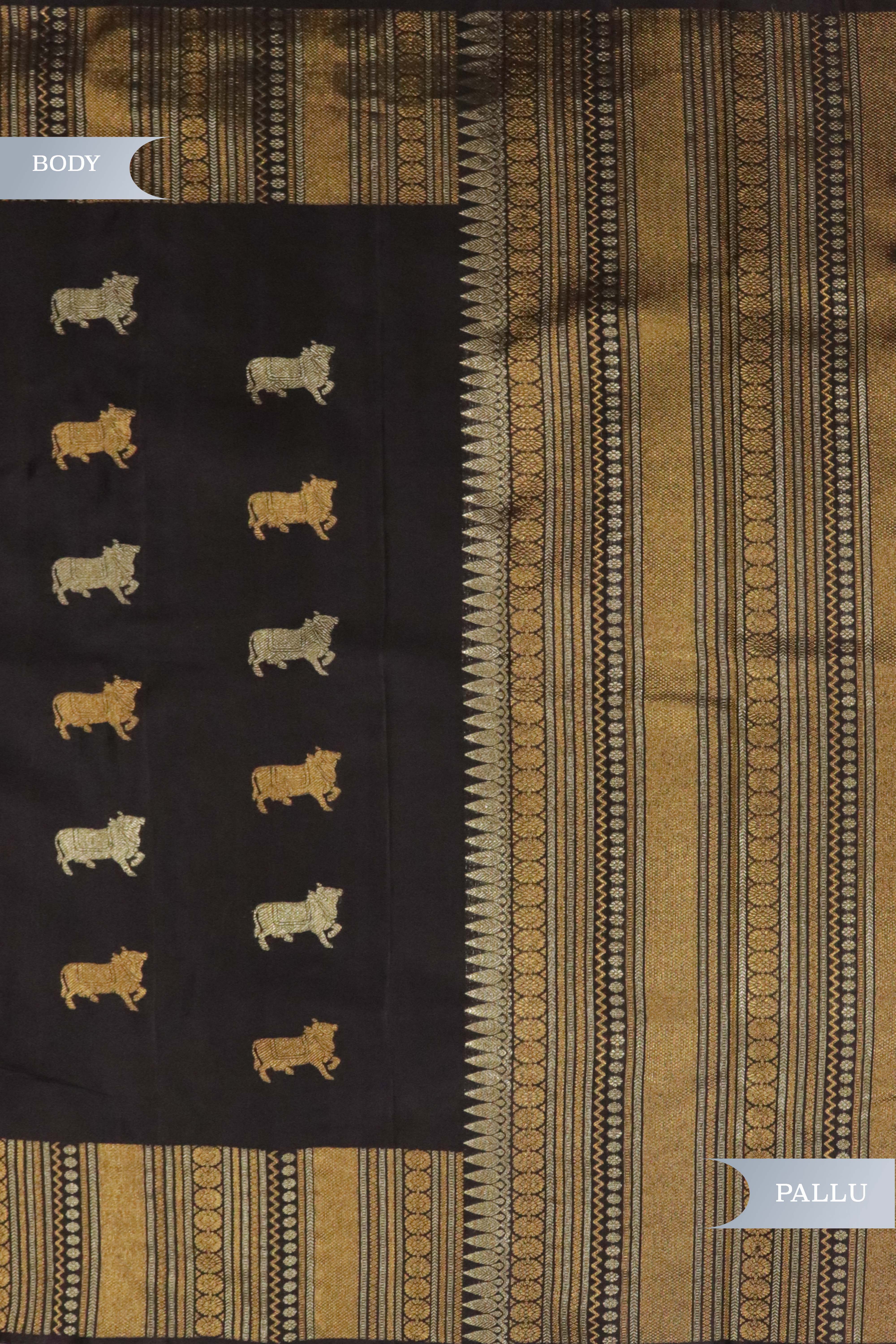 Deep Purple Kanchipuram Silk Saree with Gold & Silver Cow Motifs and Fancy Border