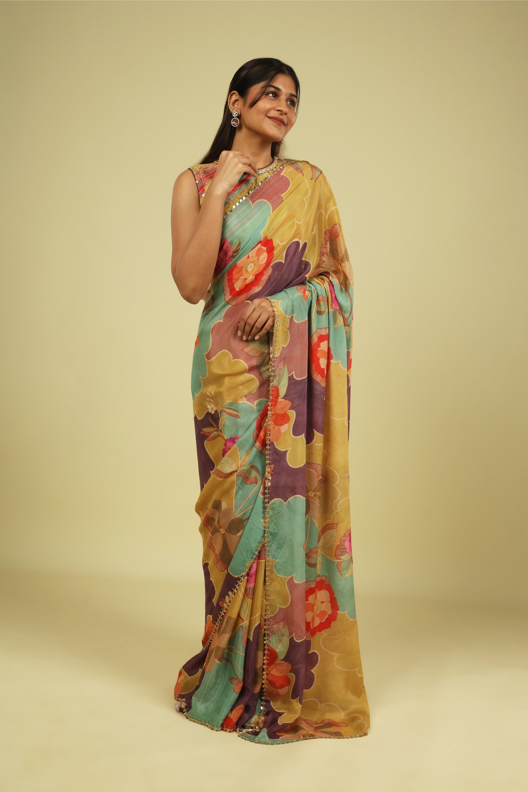 Multicolour Silky Georgette Saree with Digital Print & Bead-Sequin Border